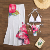 Women Printed Mesh Long Skirt Sexy Bikini Three-Piece