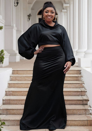 Plus Size Sexy Bat Sleeves Hooded Top Solid Color Bodycon Fishtail Skirt Set