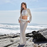 Beach Women Solid Color Knitting Beach Cover Up Sun Protection Two Piece Skirt Set