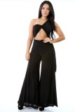 Fashion Solid Color Sleeveless Lace-Up Loose Wide Leg Jumpsuit
