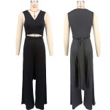 Fashion Solid Color Sleeveless Lace-Up Loose Wide Leg Jumpsuit