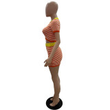 Women's Sexy Stripes short sleeve Knitting Crop Top Skirt Set