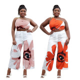 Plus Size Spring/Summer Printed One Shoulder Crop Top Wide Leg Pants Two Piece Set