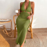 Summer Women Solid Color Sexy Knitting Hollow Out Beach  Cover Up Sun Protection Dress