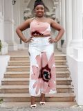 Plus Size Spring/Summer Printed One Shoulder Crop Top Wide Leg Pants Two Piece Set
