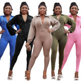 Plus Size Fashion Women Denim Washed Sexy Deep V Tight Fitting Long Sleeve Jumpsuit