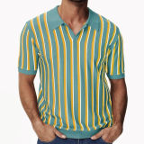 Men's Summer Turndown Collar Chic Striped Knitting polo Shirt Short Sleeve Tops