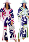 Plus Size Fashion v-Neck Wide Split Long Sleeve Top Bell Bottom Pants Set