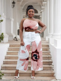 Plus Size Spring/Summer Printed One Shoulder Crop Top Wide Leg Pants Two Piece Set