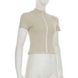 Slim Sports Basic Stand Collar Short Sleeve t-shirt Sports Casual Zipper Top