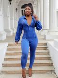 Plus Size Fashion Women Denim Washed Sexy Deep V Tight Fitting Long Sleeve Jumpsuit