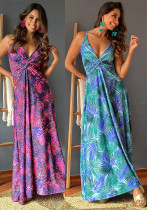 Summer Fashion Women Strap v-Neck Print Chic Elegant Long Dresses