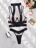 Lace-Up Patchwork Low-Back Steel Ring Lingerie Set