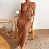 Summer Women Solid Color Sexy Knitting Hollow Out Beach  Cover Up Sun Protection Dress