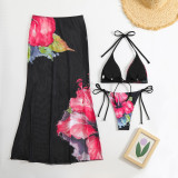 Women Printed Mesh Long Skirt Sexy Bikini Three-Piece