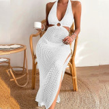 Summer Women Solid Color Sexy Knitting Hollow Out Beach  Cover Up Sun Protection Dress