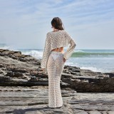 Beach Women Solid Color Knitting Beach Cover Up Sun Protection Two Piece Skirt Set