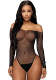 Beaded sexy off shoulder long sleeve erotic lingerie mesh clothing