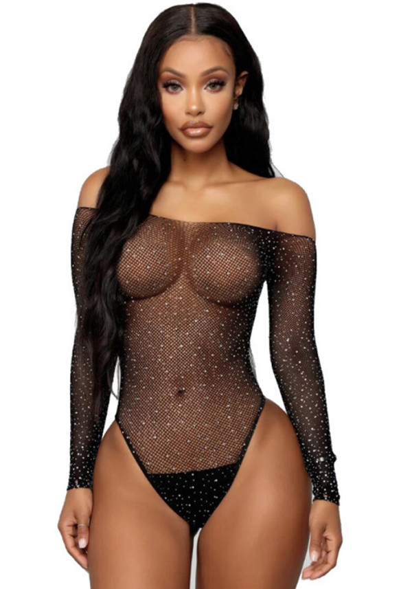 Beaded sexy off shoulder long sleeve erotic lingerie mesh clothing