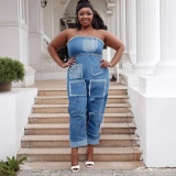 Plus Size Strapless Multi Pocket Patch Cargo Denim Jumpsuit