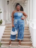 Plus Size Strapless Multi Pocket Patch Cargo Denim Jumpsuit