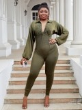 Plus Size Fashion Women Denim Washed Sexy Deep V Tight Fitting Long Sleeve Jumpsuit