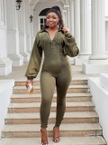 Plus Size Fashion Women Denim Washed Sexy Deep V Tight Fitting Long Sleeve Jumpsuit