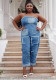 Plus Size Strapless Multi Pocket Patch Cargo Denim Jumpsuit