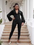 Plus Size Fashion Women Denim Washed Sexy Deep V Tight Fitting Long Sleeve Jumpsuit