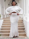 Plus Size Sexy Bat Sleeves Hooded Top Solid Color Bodycon Fishtail Skirt Set
