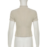 Slim Sports Basic Stand Collar Short Sleeve t-shirt Sports Casual Zipper Top