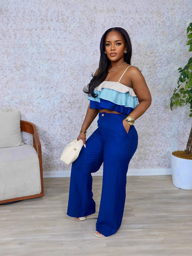 Women's Spring Summer Camisole Ruffle Top High Waist Pants Set