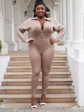 Plus Size Fashion Women Denim Washed Sexy Deep V Tight Fitting Long Sleeve Jumpsuit