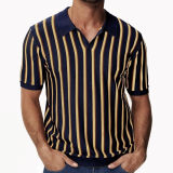 Men's Summer Turndown Collar Chic Striped Knitting polo Shirt Short Sleeve Tops