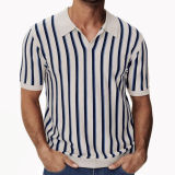 Men's Summer Turndown Collar Chic Striped Knitting polo Shirt Short Sleeve Tops