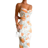 Summer Women's Chic Slim Waist Printed Lace-Up Slim Strap Long Dress