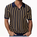 Men's Summer Turndown Collar Chic Striped Knitting polo Shirt Short Sleeve Tops