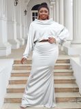 Plus Size Sexy Bat Sleeves Hooded Top Solid Color Bodycon Fishtail Skirt Set