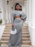Plus Size Sexy Bat Sleeves Hooded Top Solid Color Bodycon Fishtail Skirt Set