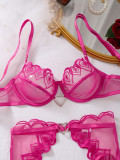 Heart Shape Embroidery Sheer Mesh Thong Steel Ring 3-Piece Lingerie Set