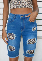 Women's Summer Street Leopard Patchwork Stretch Mid Knee-Length Shorts Ripped Washed Denim Pants Women's Summer Street Leopard Patchwork Stretch Mid Knee-Length Shorts Ripped Washed Denim Pants