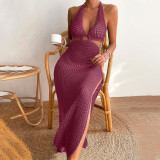 Summer Women Solid Color Sexy Knitting Hollow Out Beach  Cover Up Sun Protection Dress