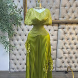 Women Bat Sleeves Pleated Top and Pleated Skirt Two-piece Set