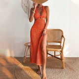 Summer Women Solid Color Sexy Knitting Hollow Out Beach  Cover Up Sun Protection Dress