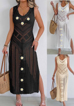 Beach Coverup Women's Sexy Cutout Knitting Tank Dress Crochet Flower Patchwork Holidays Dresses