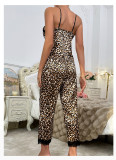 Sexy Leopard Printed Pajama Set Lace Satin Camisole Trousers Homewear