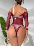 Beaded sexy off shoulder long sleeve erotic lingerie mesh clothing