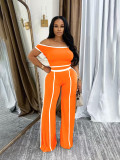 Women Summer Casual Off Shoulder Top and Long Pants Two Piece Set