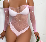 Beaded sexy off shoulder long sleeve erotic lingerie mesh clothing