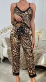 Sexy Leopard Printed Pajama Set Lace Satin Camisole Trousers Homewear